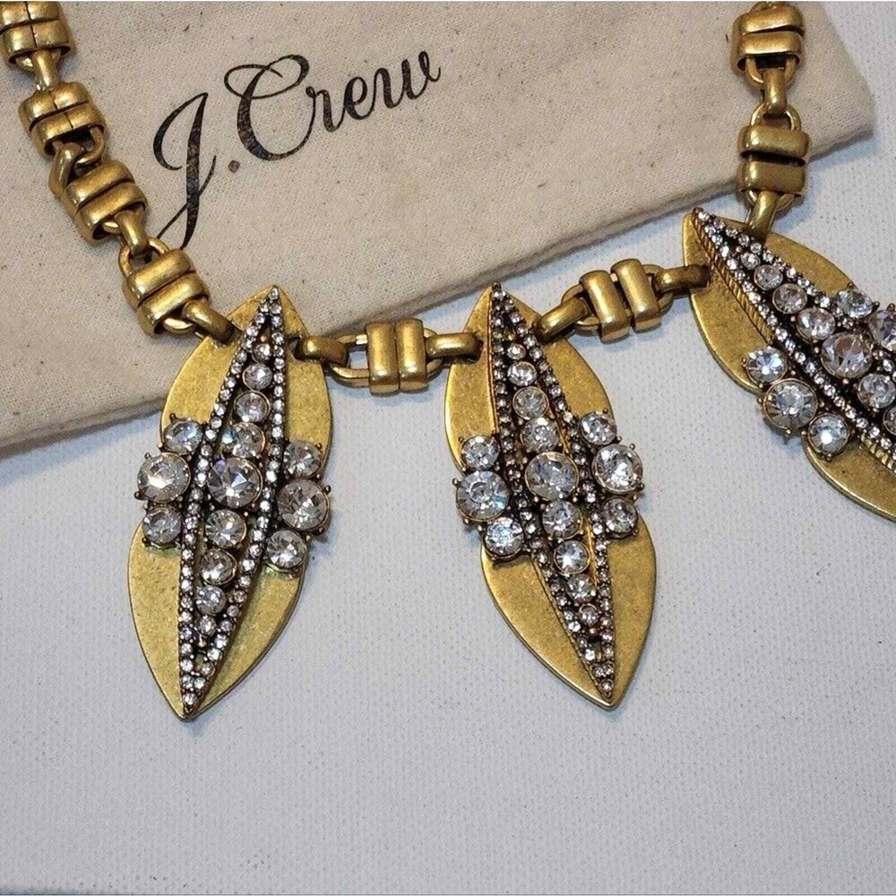 J. Crew Antique Gold Tone Crystal Leaf Statement Necklace Marquise Pendants New - Picture 4 of 10